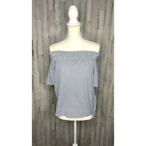 FRNCH Women's Blue/White Striped Off-the-Shoulder Blouse‎ Size Small - Picture 1 of 5